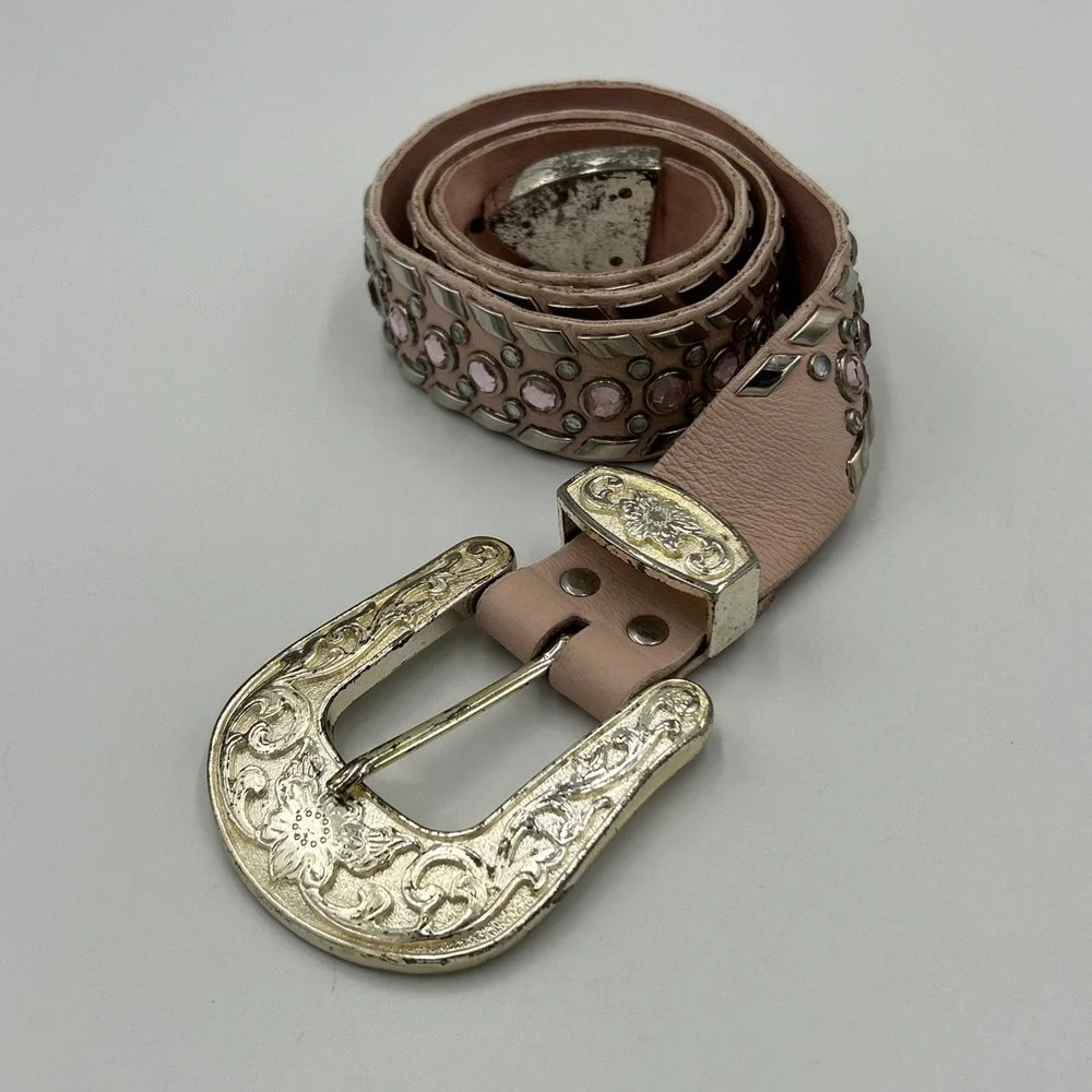 Pink Leather Western Belt Rhinestone Cowgirl Floral Buckle Belt